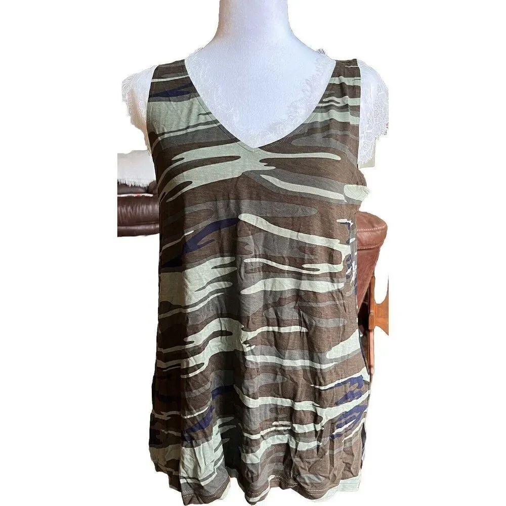 Feiersi Women's Sleeveless  Casual Tank Top Camoflauge with White Lacy Trim
